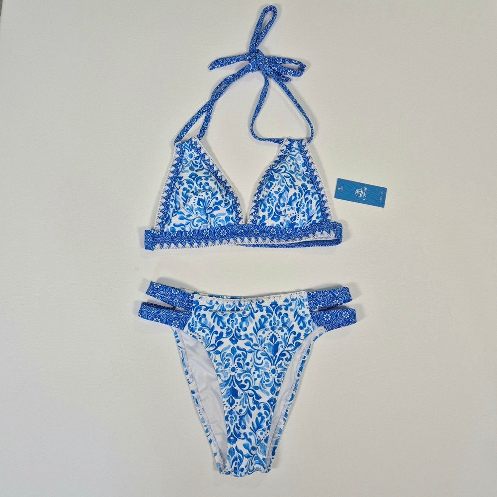 Cupshe Blue White Damask Floral Crochet Halter Bikini Set Cheeky Small NWT